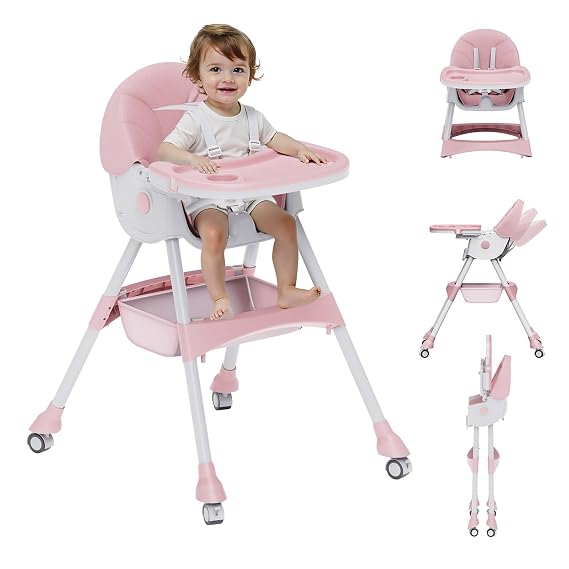 High Chairs for Babies and Toddlers, 4 in 1 Convertible Baby High Chair, Portable High Chair for Travel with Adjustable Height and Back, Foldable HighChair with Wheels& Pu Cushion