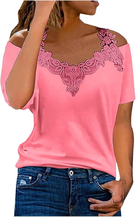 Summer Tops for Women Cold Shoulder Lace Trim Short Sleeve Shirts Casual Fashion Beach Vacation Blouses