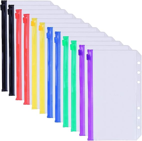 Folder For School Aasjbofa Binder Pockets A5/ A6 Binder Loose Leaf Bag Clear Zipper Folders For6- Ring Notebook Binder Pouch Document Filing Bags Folder For Office(12Pack-A5Size)