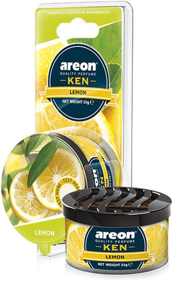 AREON Ken Car Air Freshener - Lemon Scent, Long-Lasting Fragrance - Portable Fragrant Deodorizer with Adjustable Odor Output - Automobile Accessories & Essentials - 1.23 Oz. Cans