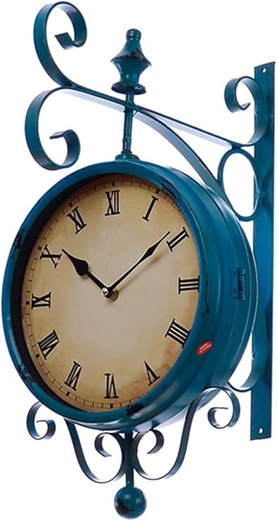 Wall Clock,Blue Double Sided Station Clock Outdoor Garden Clock Weatherproof Outdoor, 360 Rotation Wrought Iron Retro Decoration Outdoor Garden Clocks for Indoor Outdoor
