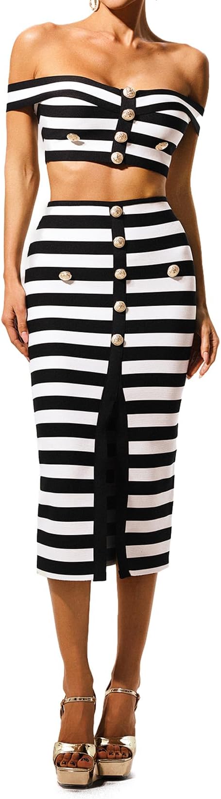 Striped Off Shoulder Midi Golden Bottons Two Piece Skirt Set for Women High Waisted Slit Skirt and Top Set for Women