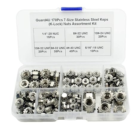 170Pcs 7-Size Stainless Steel Keps (K-Lock) Nuts Assortment Kit; #4-40#6-32#8-32#10-32#10-24 1/4"-20 5/16"-18