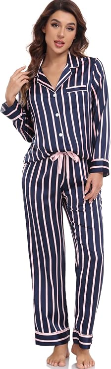 Serenedelicacy Women's Satin Pajama Set Long Sleeve Button Down Sleepwear 2-Piece Silky Pj Set