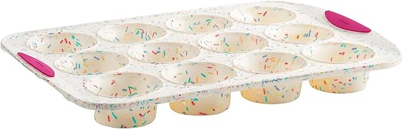 Trudeau Reinforced Structured Silicone Muffin Pan, 12-Cup, Confetti/Fuchsia Hybrid Silicone & Hard Lining for Shape Retention, Non-Stick, Dishwasher Safe, BPA-Free Bakeware for Muffins & Cupcakes