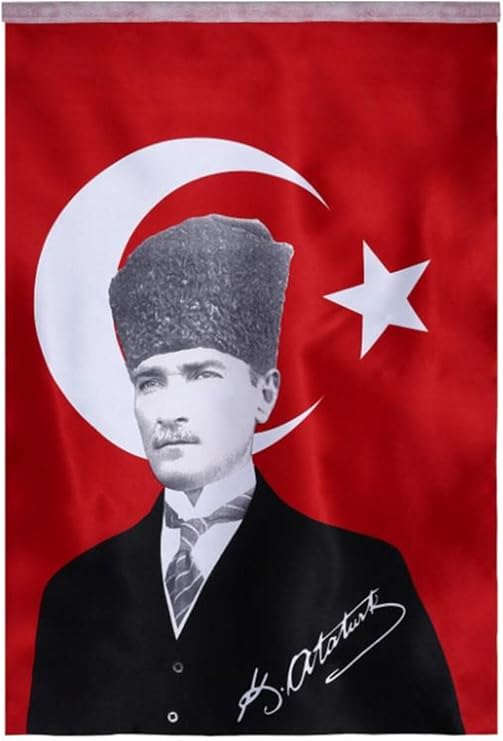 Lona Sanat Türk Bayrağı Kalpaklı Atatürk Posterli Saten Türk Bayrağı K.Atatürk İmzalı Türk Bayrağı 70X100