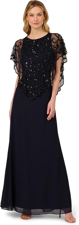 Adrianna Papell Bead Chiffon Long Dress, Midnight/Black