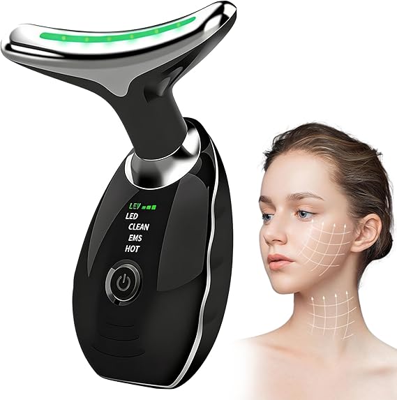 7-in-1 LED Facial Sculptor, Face Massager Lifting Device with EMS Microcurrent, 45°C Heating & Vibration, Anti-Wrinkle Neck & Eye Massager for Skin Firming, Anti-Aging & Tightening Care(Black)
