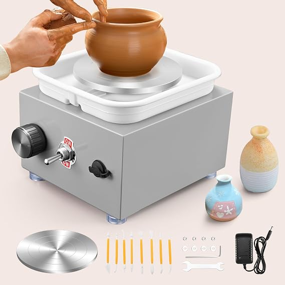 Electric Pottery Wheel, Ovshnrr 2 Plates Turntable 10/6.5cm Pottery Wheel, 2000RPM Adjustable Speed Mini Pottery Wheel with Shaping Tools for Pottery DIY, Pottery Teaching, Children and Beginner(Gray)