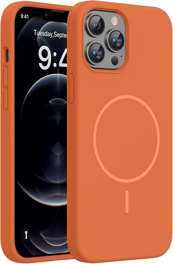Miracase Silicone & Magnetic for iPhone 12 Pro Max Case, Orange | Compatible with MagSafe, Soft Microfiber Lining, Premium Silicone Case Shockproof Drop Protection Phone Case for 12 Pro Max