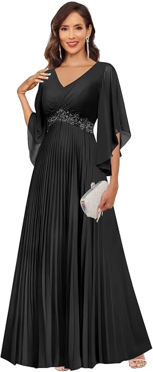 Mother of The Bride Dresses for Wedding Ruffy Sleeve Formal Evening Dress Long Chiffon Party Gown MJ013