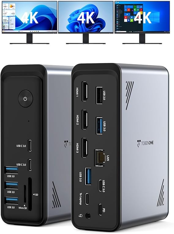 TobenONE 18 in 1 Laptop Docking Station 3 Monitors, Triple 4K Display