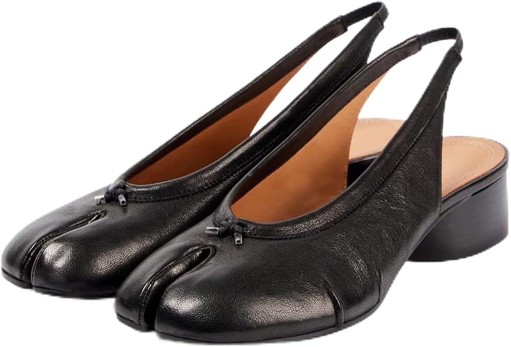Agodor Slingback Heels for Women, Black Split Toe Pumps,Low Round Chunky Block Heel Tabi Shoes,Elasticated Sling Back Strap Comfort Business Casual Dress Shoes