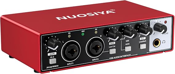 USB Audio Interface for PC Computer Recording Music, Red Guitar Audio Interface for Mac 24Bit/192kHz Podcasting Streaming for Vocalist Producer with 48V Phantom Power
