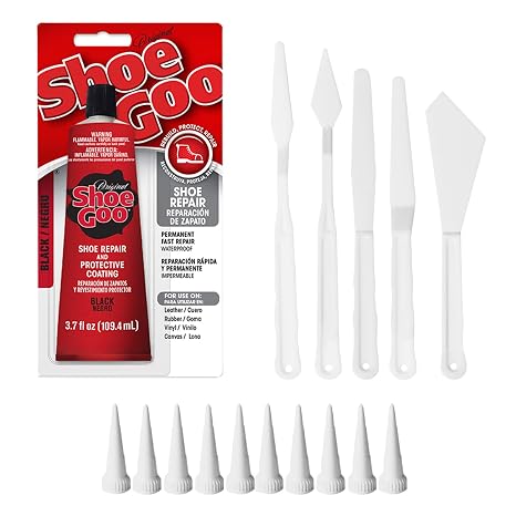 Shoe Goo Black Shoe Repair Adhesive Bundle: Includes 10 Snip Tip Applicators and a Set of 5 Plastic Spreader Tools by 203Brands to Provide Optimal Spread on Any Given Angle or Surface
