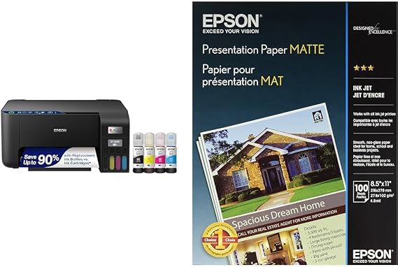 Epson EcoTank ET-2400 Wireless Color All-in-One Cartridge-Free Supertank Printer & Presentation Paper Matte, 8.5 x 11 Inch, 100 Count (S041062), White