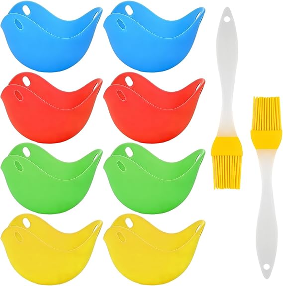 10Pcs Silicone Egg Poachers Set, with Silicone Food Brushes, Microwave Poached Egg Maker Poached Eggs Moulds Eggs Poacher Cups (2 Green 2 Yellow 2 Blue 2 Red and 2 Yellow Brushes)