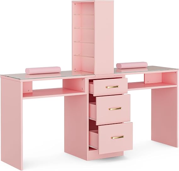 Manicure Table Nail Desk with Glass Top, Double Nail Tech Desk with 3 Storage Drawers & 8-Tiers Open Shelves, Wrist Rest, Professional Nail Station Workstation(Pink)