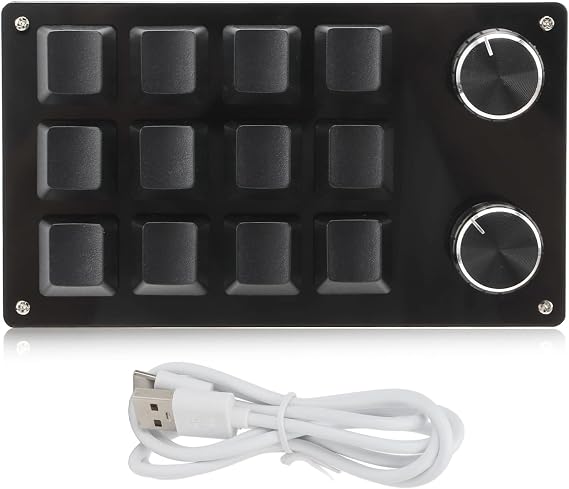 One Handed Macro Mechanical Keyboard Portable USB Mini 12 Key Multifunction DIY Programmable Keypad with Knob for Office Gaming Lab(Black)