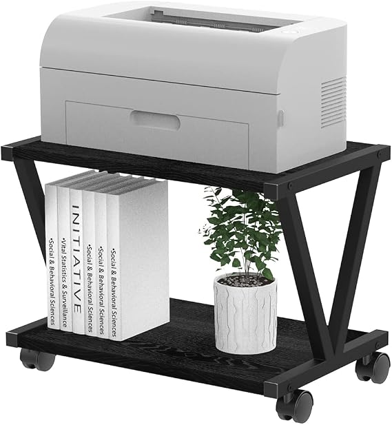 VEDECASA Retro Desktop Printer Stand,2 Tier Wood Printer Shelf, Modern Storage Book Shelf Organizer for Home Office,Stylish V-Shaped Frame,Fits Small Size Printers (Black)