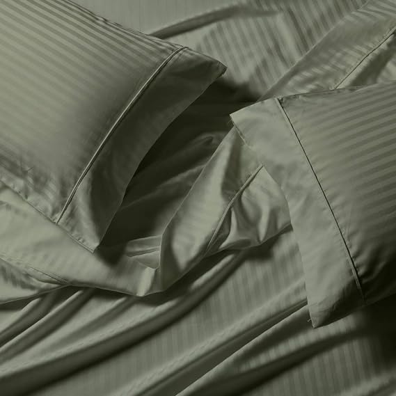 sheetsnthings Damask Stripes 650-Thread-Count Cotton-Blend 4PC King Bed Sheets Set, Sage