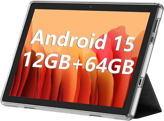ECOPAD 10.1 Inch Tablet, Android 15 Tablets 12GB(4+8) RAM / 64GB ROM / 1TB SD Card Expansion, 1280x800 IPS HD Touchscreen, 6000mAh Battery, Bluetooth 5.0, Dual Cameras, GMS, Dual Band WiFi, Black
