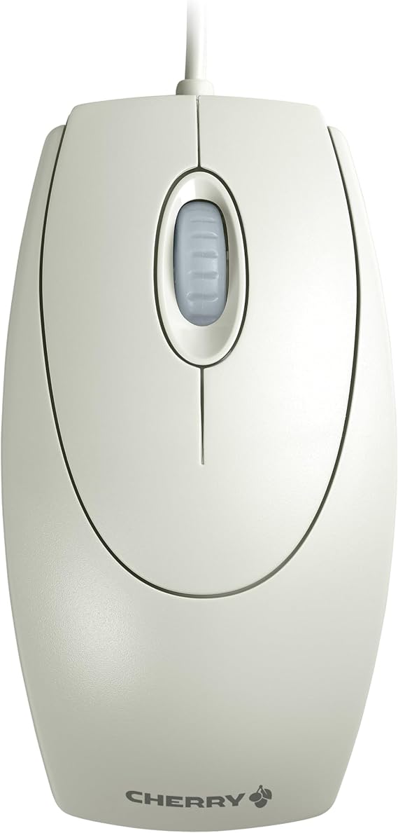 CHERRY WheelMouse, Wired Mouse, Retro Style, Symmetrical Design for Right- and Left-Handed Users, Optical Sensor, USB-A (PS/2 Adapter Included), Light Gray