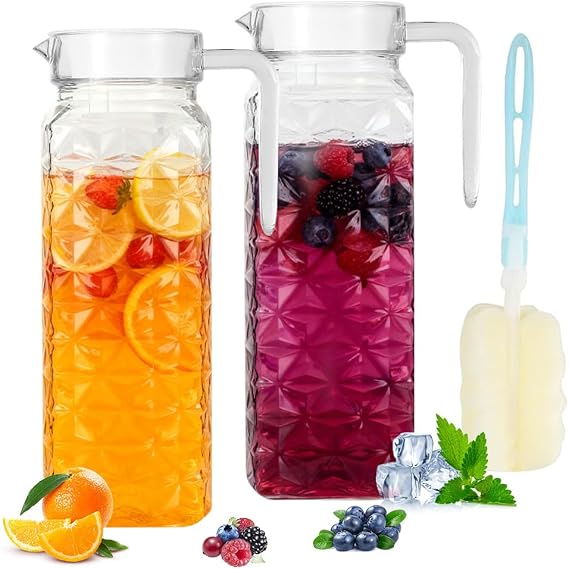 2 Pack 1.1L Plastic Pitcher with Lid and Handle, Acrylic Water Juice Jug, Transparent Fridge Water Jugs, Unbreakable, Easy to Clean Milk Jug for Iced Tea, Lemonade, Cold or Hot (2PCS 1.1l)