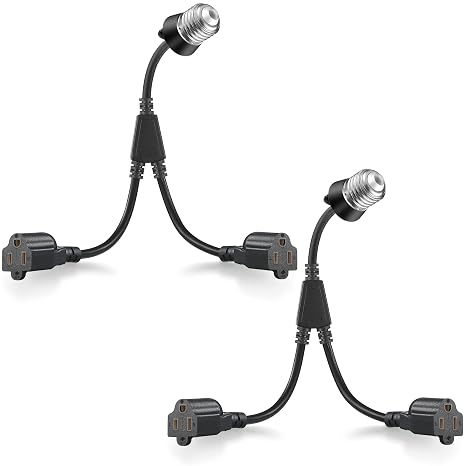 2 Pcs 2 in 1 E26/E27 Light Socket to Plug Adapter, Black, 4" Extension Cord
