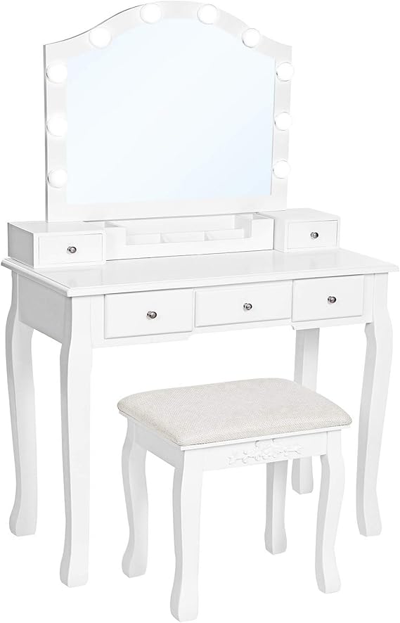VASAGLE Vanity Table Set with Lighted Mirror, Vanity Set with Drawers and 6-Slot Removable Organizer, Dressing Table with Upholstered Stool, White URDT170W01