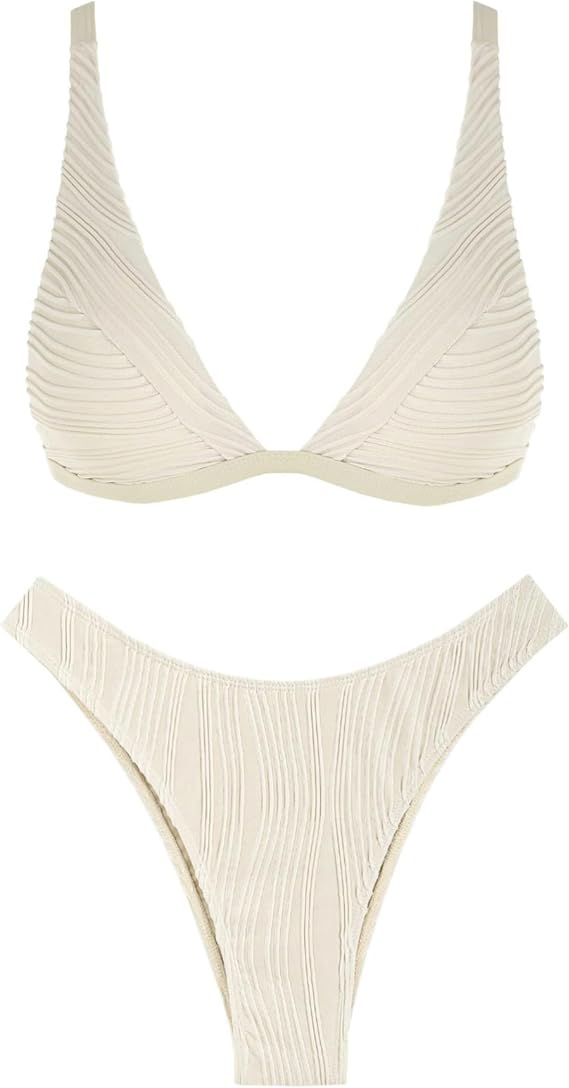 ZAFUL Bikini Sets for Women Triangle Textured Plunging High Cut Cheeky Bikini Swimsuits Two Piece Bathing Suits
