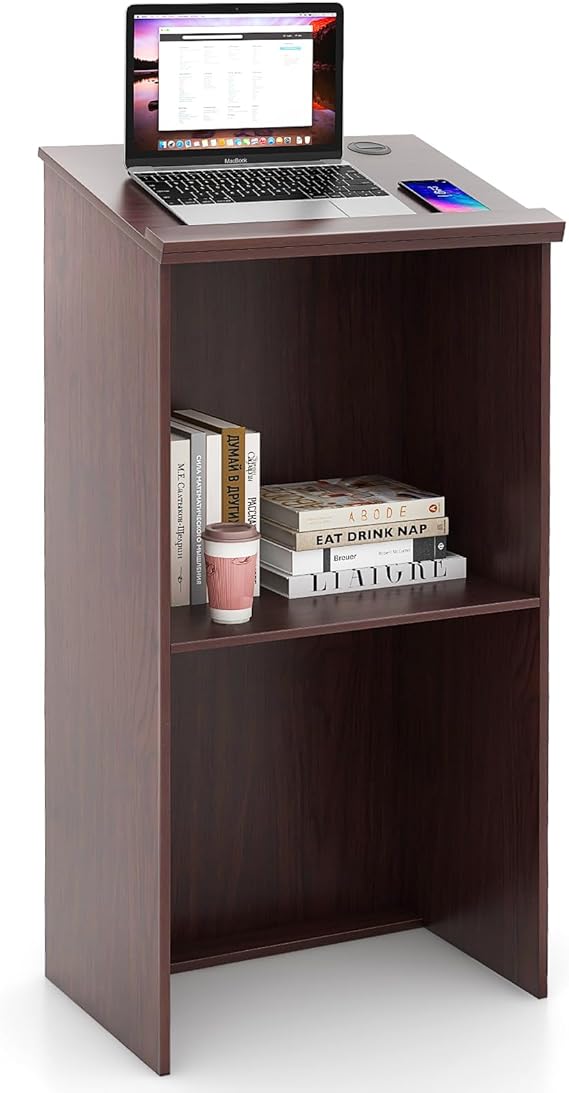 Tangkula Floor Standing Podium, Wooden Speaking Lectern Hostess Stand with 2-Tier Shelves & Dual Cable Holes, Standing Lectern Desk for Meeting Room, School, Churches, Auditorium, Classroom