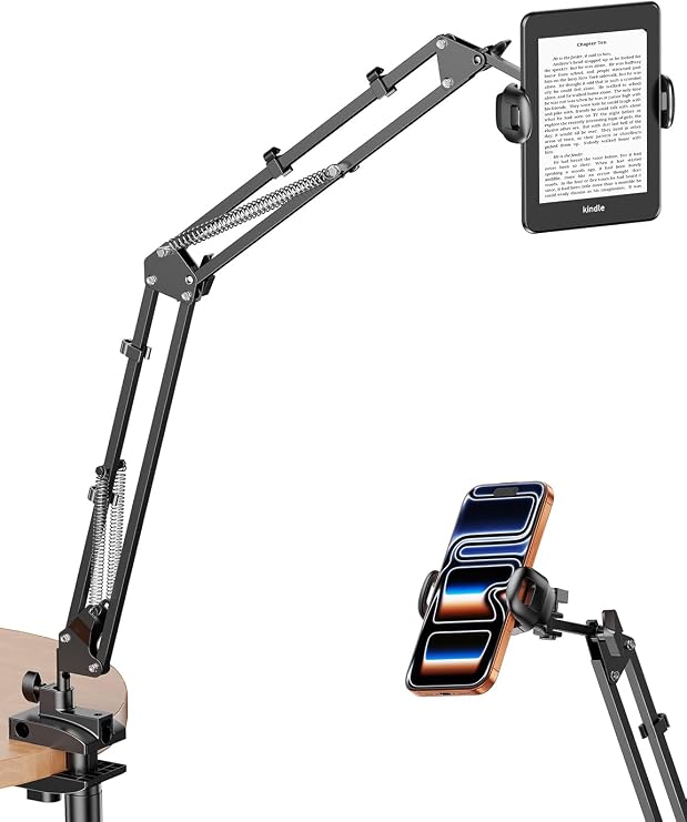 Tryone Gooseneck Kindle & Phone Holder for Bed Bedroom, Office, Kitchen or Sofa. 360 Rotating Arm with Stable Base Fits Phones and E-Readers Metal 4 Joints Hands-Free Arm Fits 4.7-8.6in -Black 31.5in