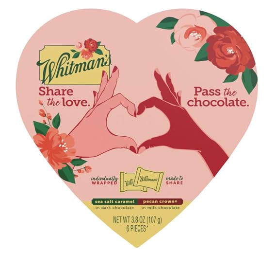 Whitman's Valentine's Day Heart Box - Assorted Milk Chocolate Pecan and Dark Chocolate Sea Salt Caramel - 6 Pieces Per Box - Start a New Tradition