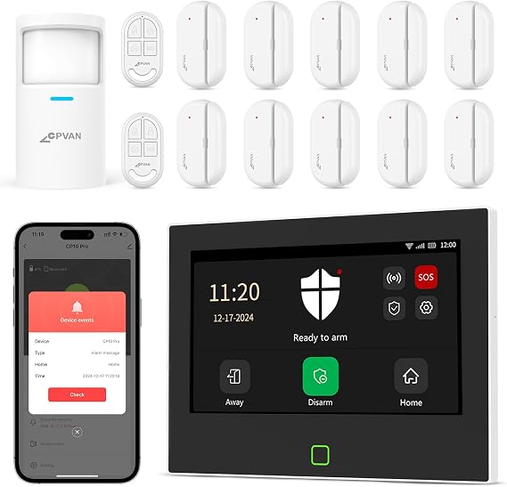 CPVAN Wireless Home Alarm Systems, GSM/WiFi Home Alarm with 7" Touch Screen Home Security Systems LCD Display with APP/SMS/Phone Call Alarm 14 Pieces Compatible with Alexa, NO Monthly Fees