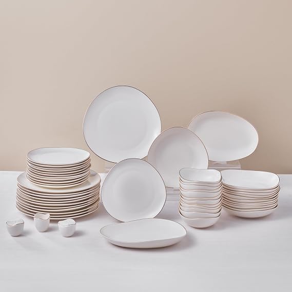 Karaca Stream Bone China 53-Piece Dinner Service for 12 People Gold Rim Plates Bowls Salt & Pepper Shakers and Toothpick Holder Tableware Set