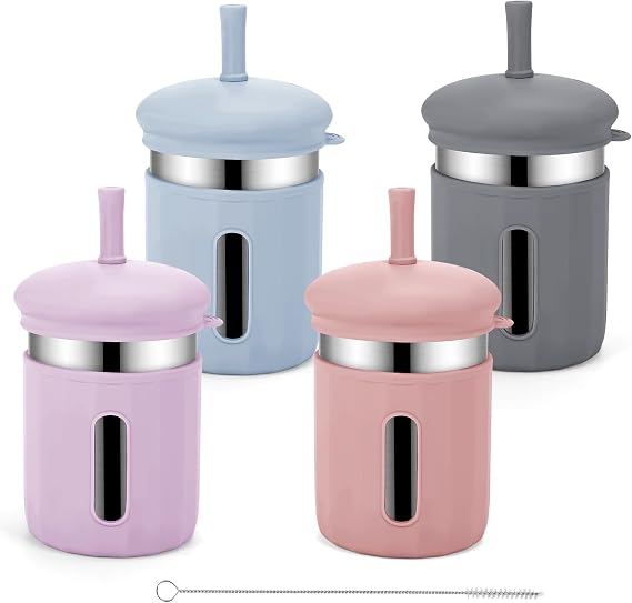 Stainless Steel Sippy Cups, 12.51 oz Toddler Tumbler with Straws and Lids, Spill-Proof Baby Smoothie Cups with Silicone Sleeve, Versatile 2-in-1 Drinking Snack Cups for Kids, 4 Colors A