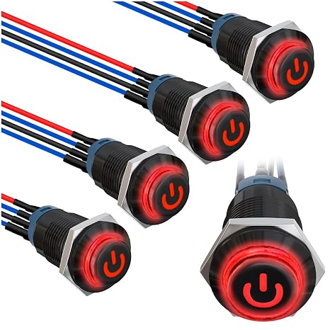 5Pcs 12mm Momentary Red LED Push Button Switch Black Shell with Power Mark LOGO IP65 Waterproof Push Button Switch SPST 2Position ON OFFwith Pre-Wiring for Car Marine Boat Truck Equipment