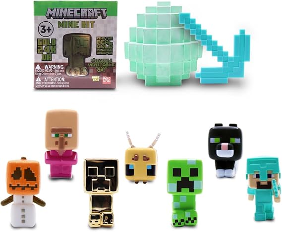 Just Toys LLC Minecraft Mine Kit Dig Your Own Mystery Block with MiniFigure, Iron Pickaxe, WaterSoak Mining Activity, Collectible GoldPlated Creeper (1in48), Gift for Kids 3+