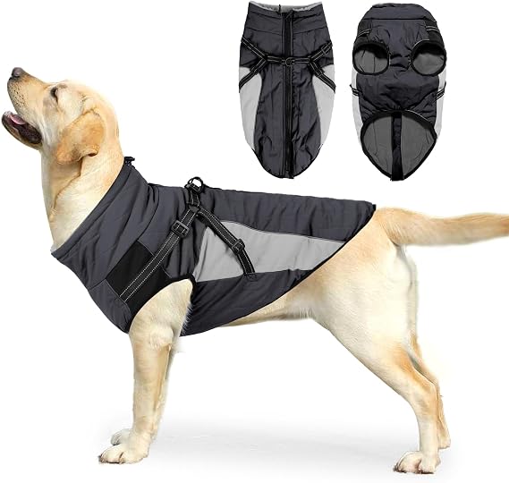Dog Clothes for Medium Large Dogs, Comfort Fleece Warm Dog Coat Waterproof Boy Dog Clothes Visibility Dog Jacket with Reflective Stripe and a Back Leash Attachment,Grey