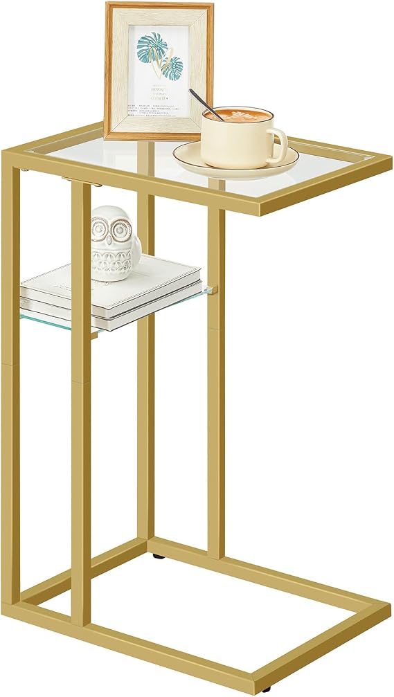 HOOBRO C Shaped End Table, 2-Tier Small Side Table with Glass Tabletop | Slide Under Couch Table for Sofa Arm Tray, C Shaped Coffee Table for Small Space in Living Room, Bedroom, Gold GD08SF01