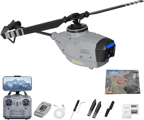 RC Helicopter Model with 1080P Camera, 2.4G RC 4CH C128AI Scout Drone Single-Rotor Brushless Helicopter Model for Beginner Adults, Without Aileron (RTF Version/Black)