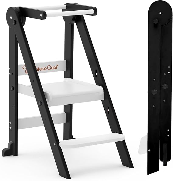 Taleco Gear Foldable Toddler Kitchen Stool Helper, Tower with 3 Adjustable Height, Wooden Toddler Step Stool, Collapsible Tower, Kids Stool for Kitchen and Bathroom