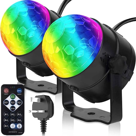 Pack of 2, Remote Control Sound Activated Party Lights Indoor, UK Plug, 4m(12.8ft) Power Cable, Stage Stroboscopes, Dj Lighting, RBG Disco Ball, Strobe Lamp Stage Par Light for Car Room Dance Party [Energy Class A+++]