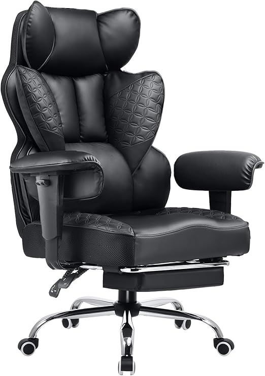 COMHOMA Big and Tall Office Chair Heavy Duty Wide Ergonomic Gaming Chair with Deluxe Embossing Designed Leather with Foot Rest, 145Reclining Adjustable Armrests Pocket Spring Back Support and Pillow