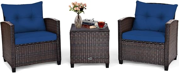 COSTWAY 3PCS Wicker Patio Furniture Set with Cushions for Balcony and Porch