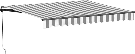 ALEKO Patio Awning 12x10 feet Manual Black Frame Awning, UV-Protected Sunshade Canopy with Hand Crank and Durable Steel Frame for Deck, Porch, Backyard - Caribbean Style Seagull Gray & White Striped