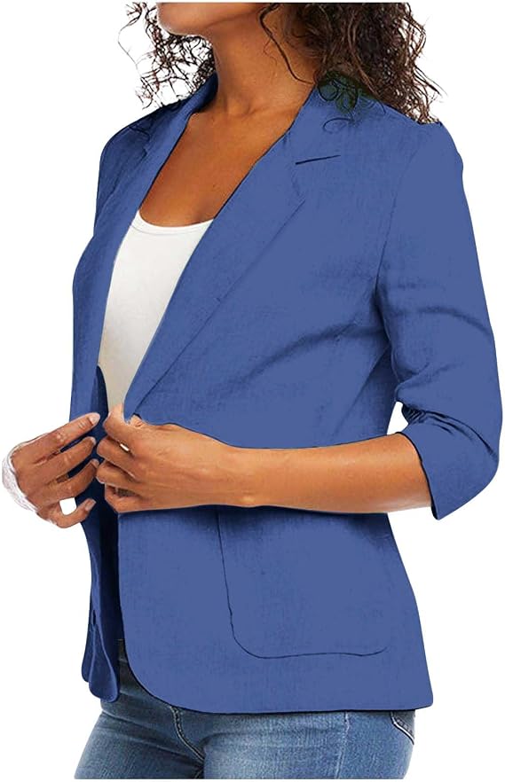 Linen Blazer Women Trendy Button Open Front Blazers Solid Color Suit Jackets Work Blazer with Pockets
