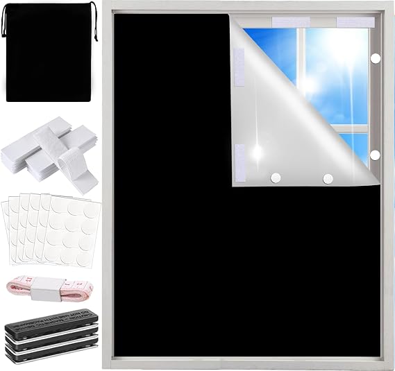 100% Blackout Curtains for Bedroom Blinds Shades,57x118Inch,No Drill,Cuttable Portable Removable Black Out Window Cover for Baby Nursery,RV,Media Room,Hook Loop Tape Straps Stickers,Magnetic Clips
