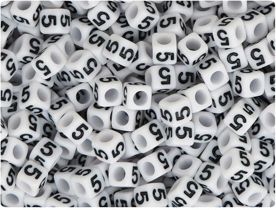 BeadTin White Opaque 6mm Cube Plastic Alpha Beads - Black Number 5 (80pcs)